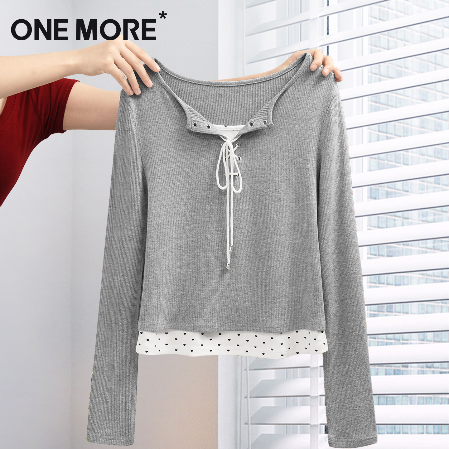 onemore假两件绑带T恤女2025款