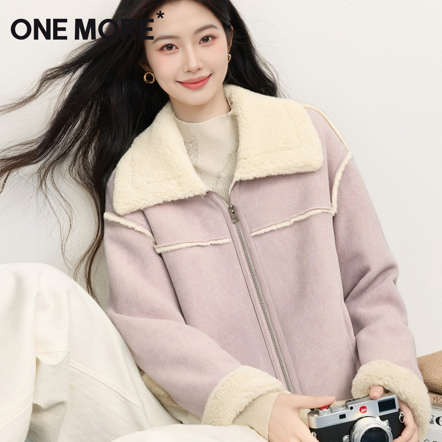 onemore粉色麂皮绒外套女高级感