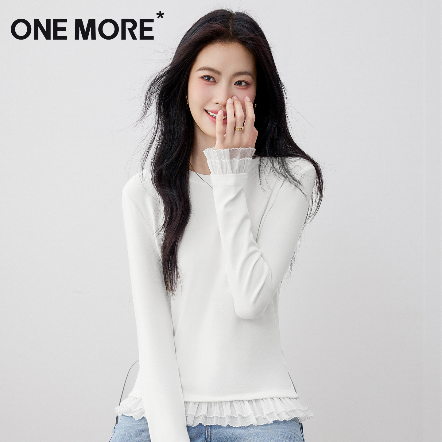 onemore白色蕾丝花边长袖t恤女
