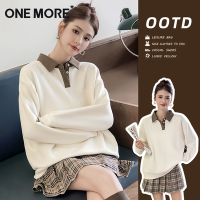 onemore奶白色polo领卫衣女翻领