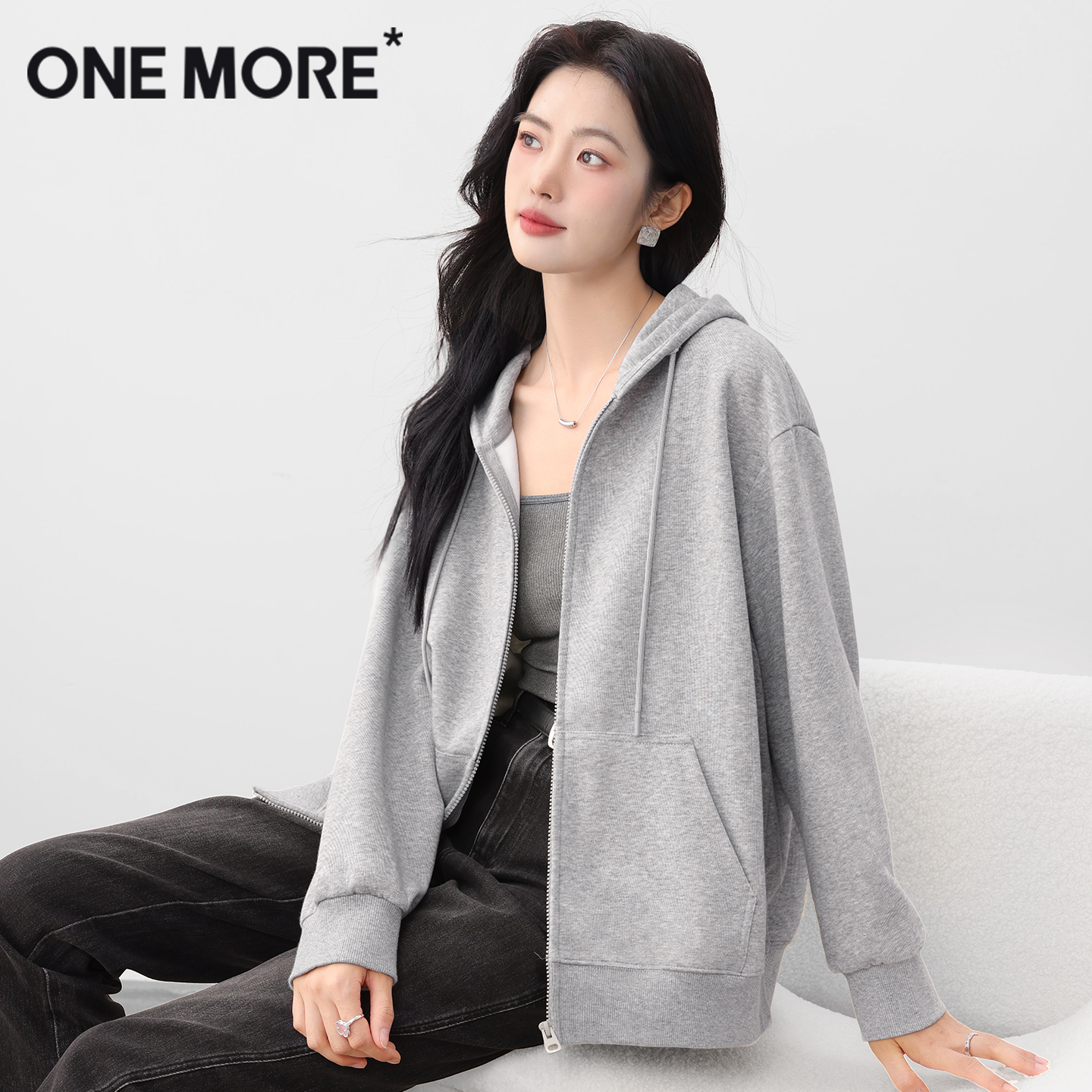 onemore灰色卫衣外套女慵懒风