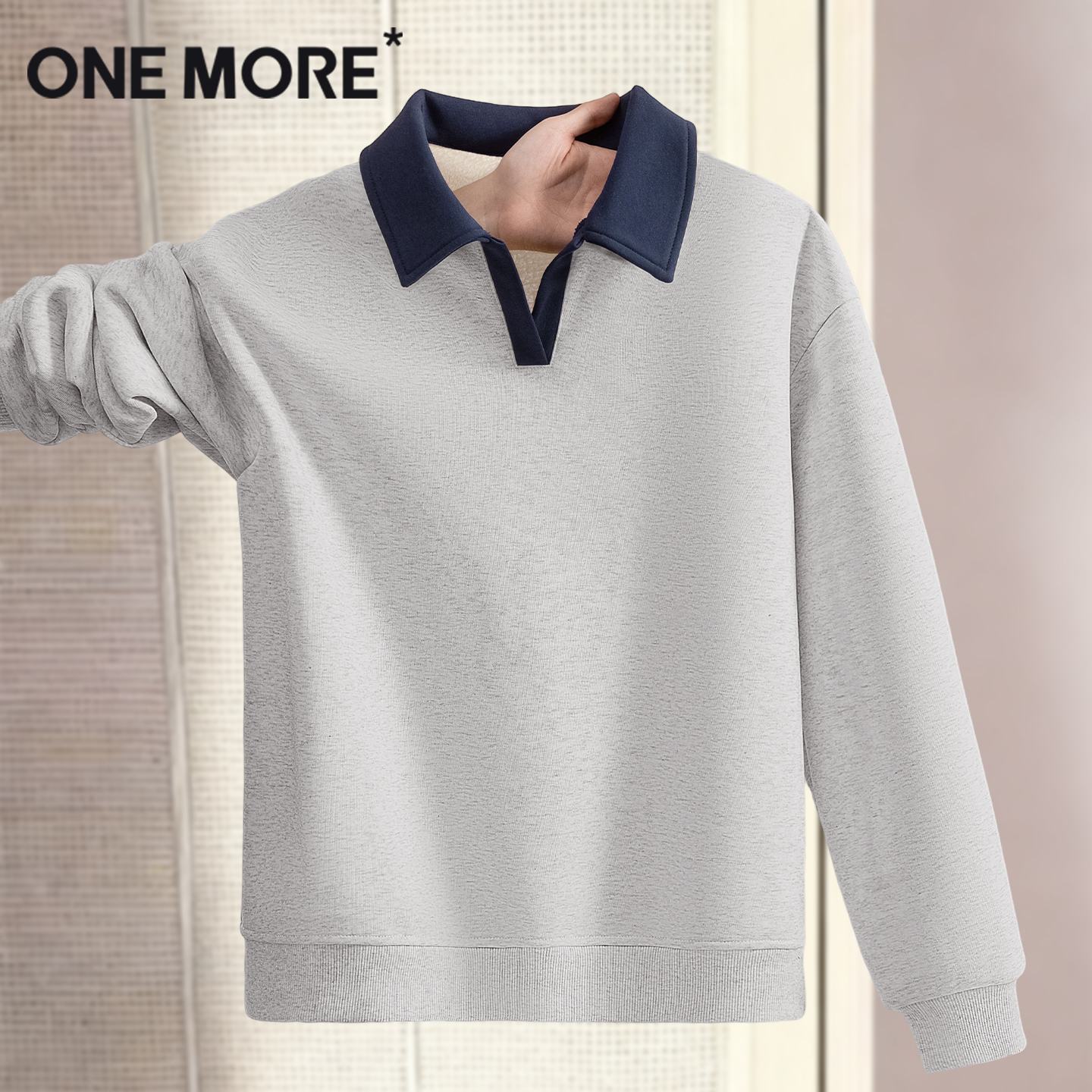 onemore撞色翻领卫衣女加绒加厚