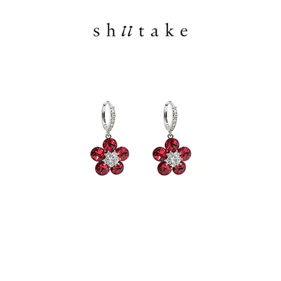 Shiitake「新年系列」水晶小花新年红花镶嵌耳钉