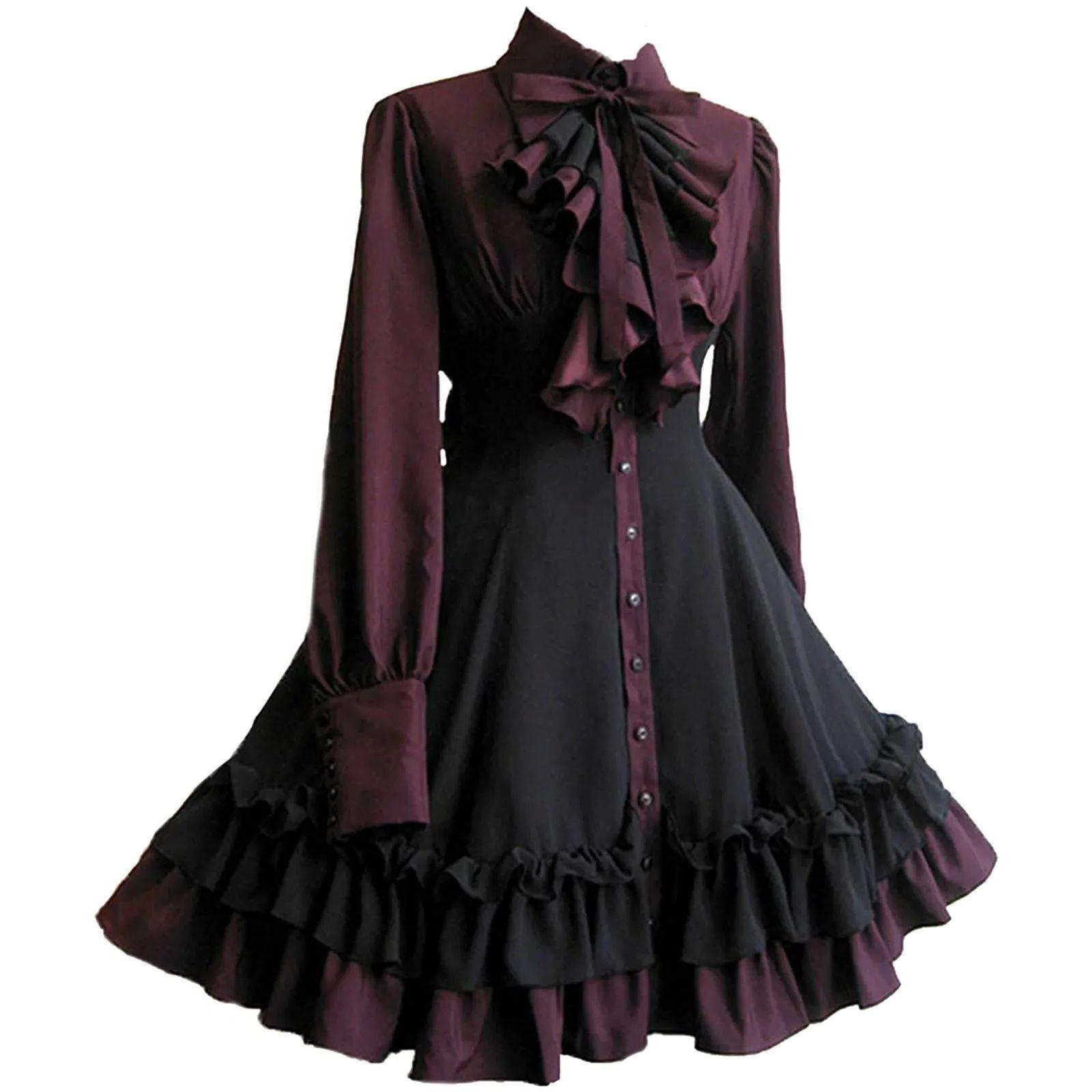 Women Vintage Palace Lolita Dress Bow Collar High Waist Vict