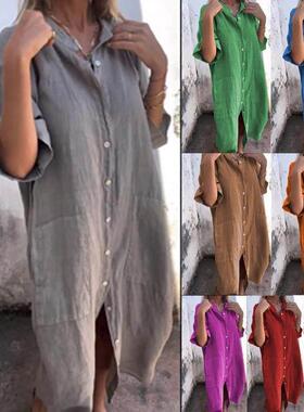 Summer mid sleeve cotton linen women shirt dress衬衣连衣裙女