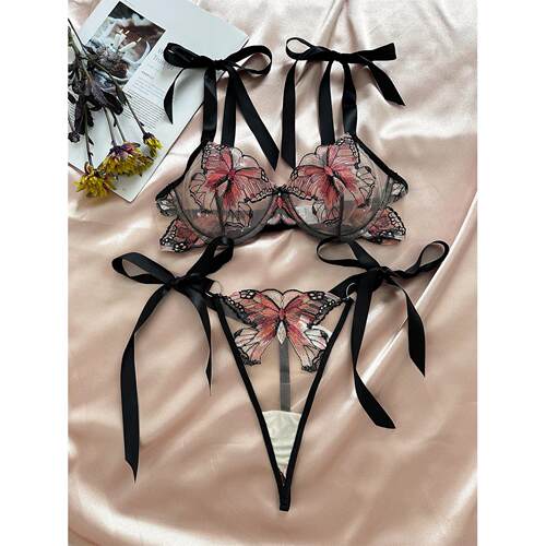 Transparent mesh ladies sexy suit蝴蝶刺绣吊带透明网纱内衣套
