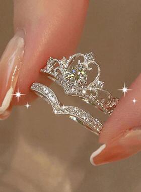 Rings set 2 pieces希音爆款皇冠钻戒结婚对戒开口戒指2件套Ring