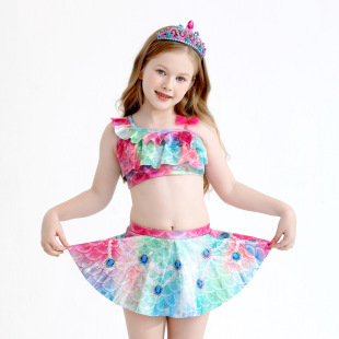女童美人鱼比基尼三件套游泳衣ins新款 亮片女孩沙滩裙分体泳衣