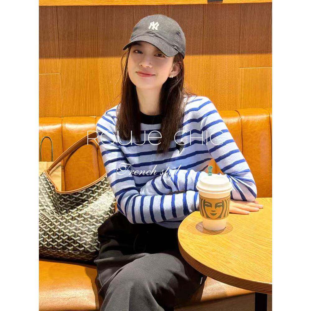 法国rouje chic法式百搭休闲风蓝色条纹修身显瘦T恤女秋长袖上衣