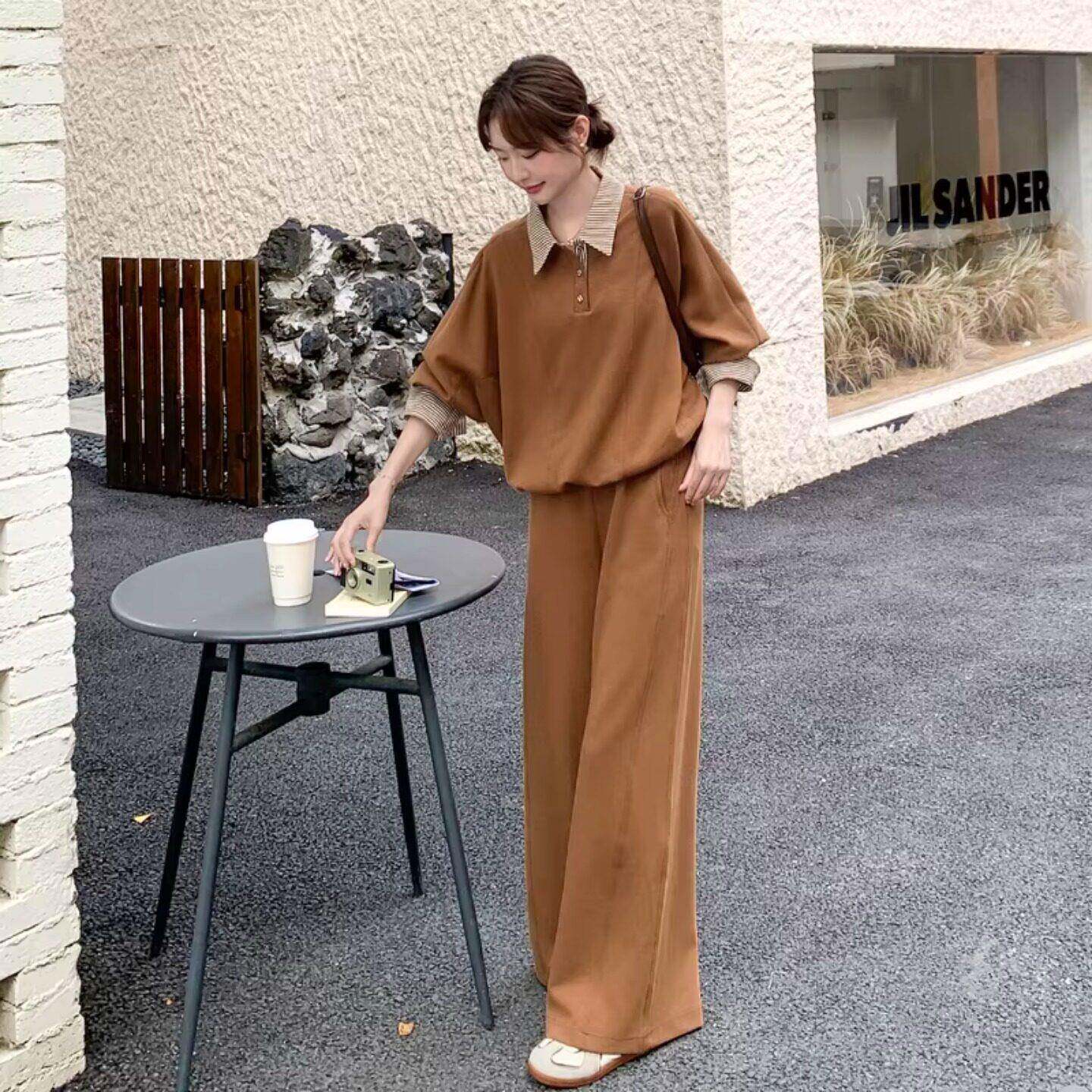 jojosnidel咖色休闲运动套装女春秋季新款时尚卫衣阔腿长裤两件套