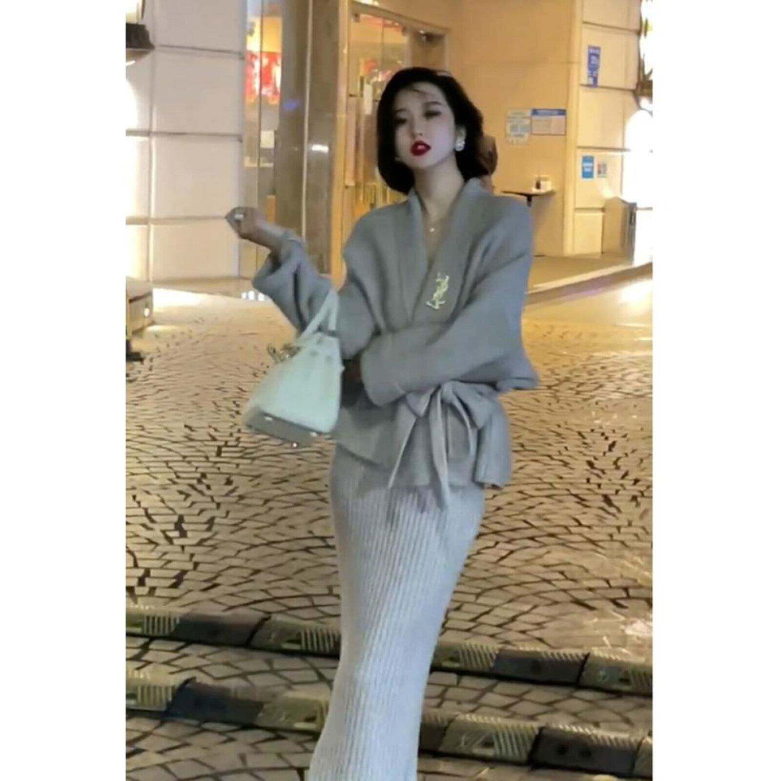 Ocnltiy小香风针织毛衣套装裙女秋季新款奶灰色外套吊带裙两件套