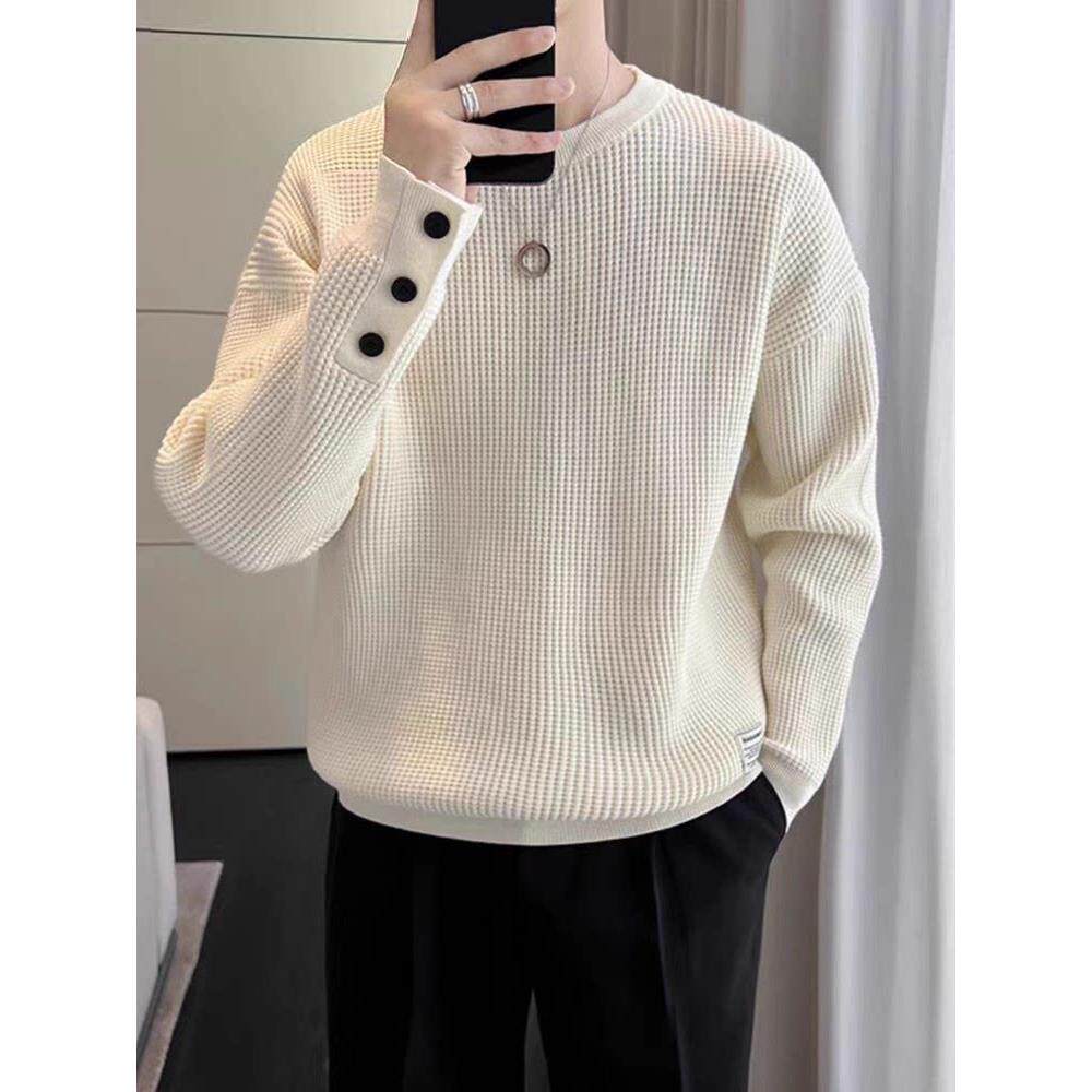 高级感华夫格卫衣男士2025新款春秋款长袖T恤打底衫男款冬季加绒