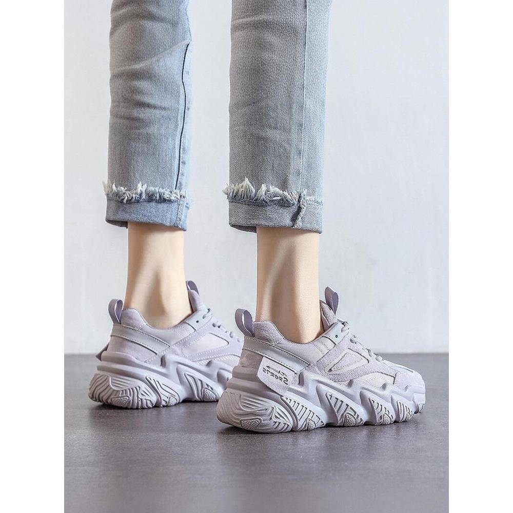 港风轻奢新款~厚底增高老爹鞋女秋冬季真皮小个子百搭运动休闲鞋