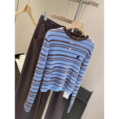 韩国条纹羊毛打底衫女春秋高级感内搭毛衣修身短款正肩针织衫上衣
