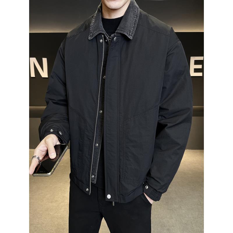 TWG假两件牛仔拼接羽绒服男士冬季覆古痞帅翻领工装短款夹克外套