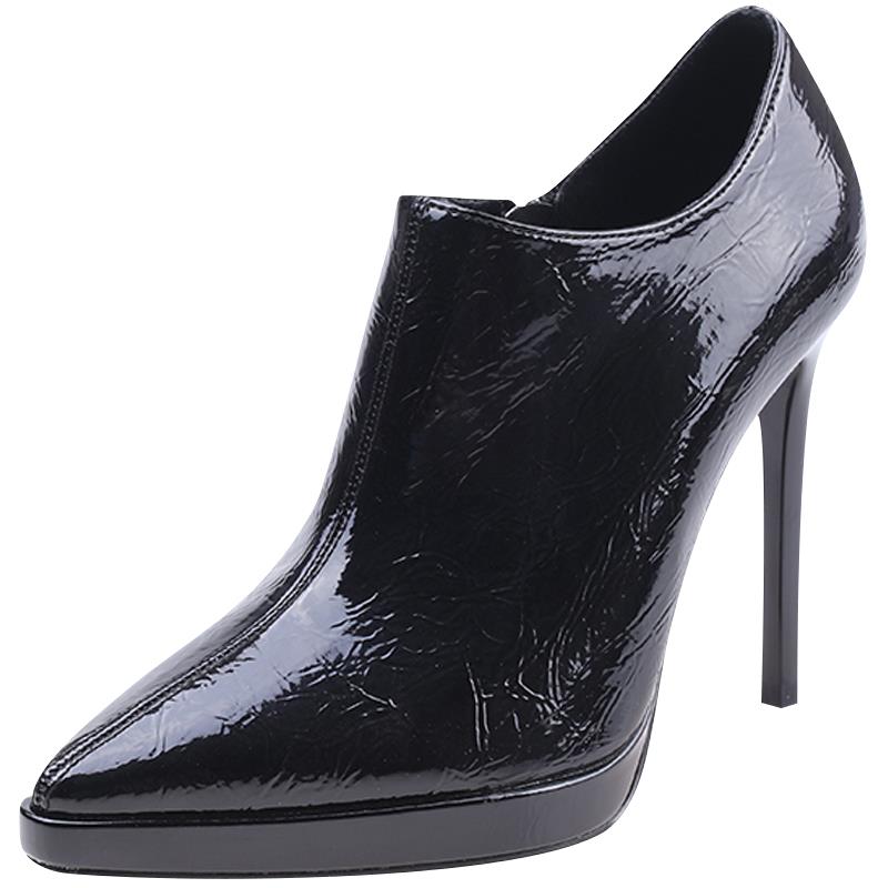 尖头短靴女高跟鞋细跟10cm秋冬防水台及踝靴真皮弹力瘦瘦靴子单靴