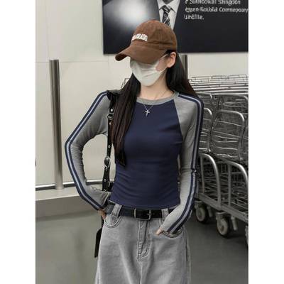 韩国Honey koko⭐美式插肩长袖t恤女春秋修身打底衫纯棉条纹上衣