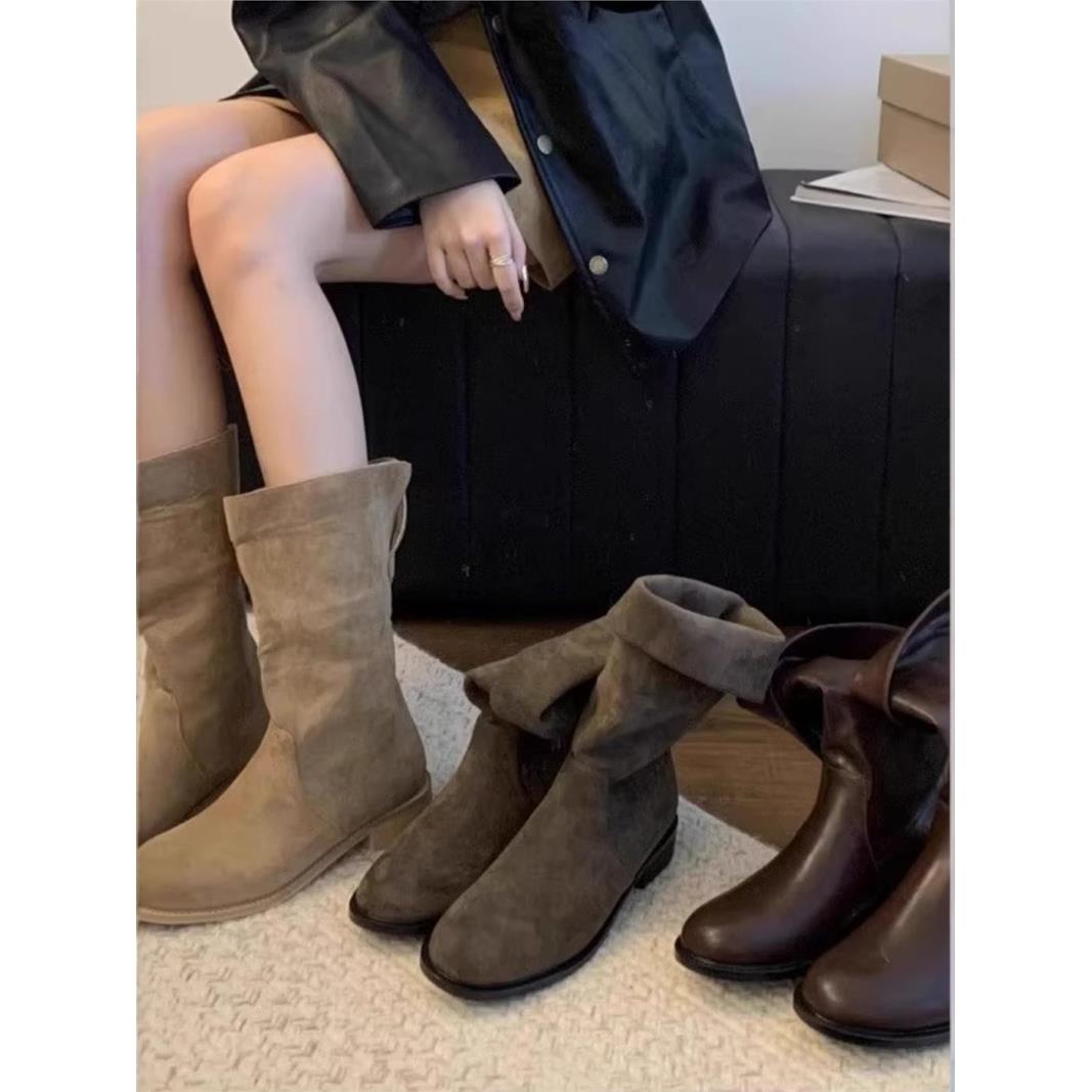 潮牌堆堆靴粗跟短筒靴子2025秋冬新款绒面卡其色短靴西部骑士靴女