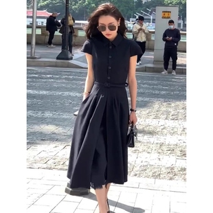 欧洲站2025新款 连衣裙女夏 法式 赫本风气质长裙轻奢高级感黑色衬衫