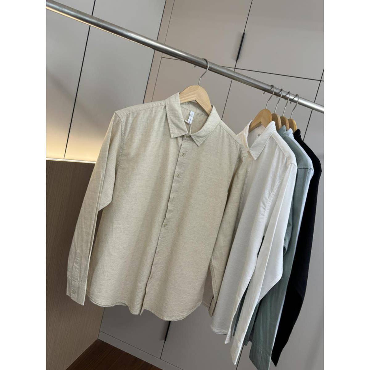 Mostarsea~休闲百搭高端棉麻长袖男秋季清爽透气简约纯色翻领衬衫