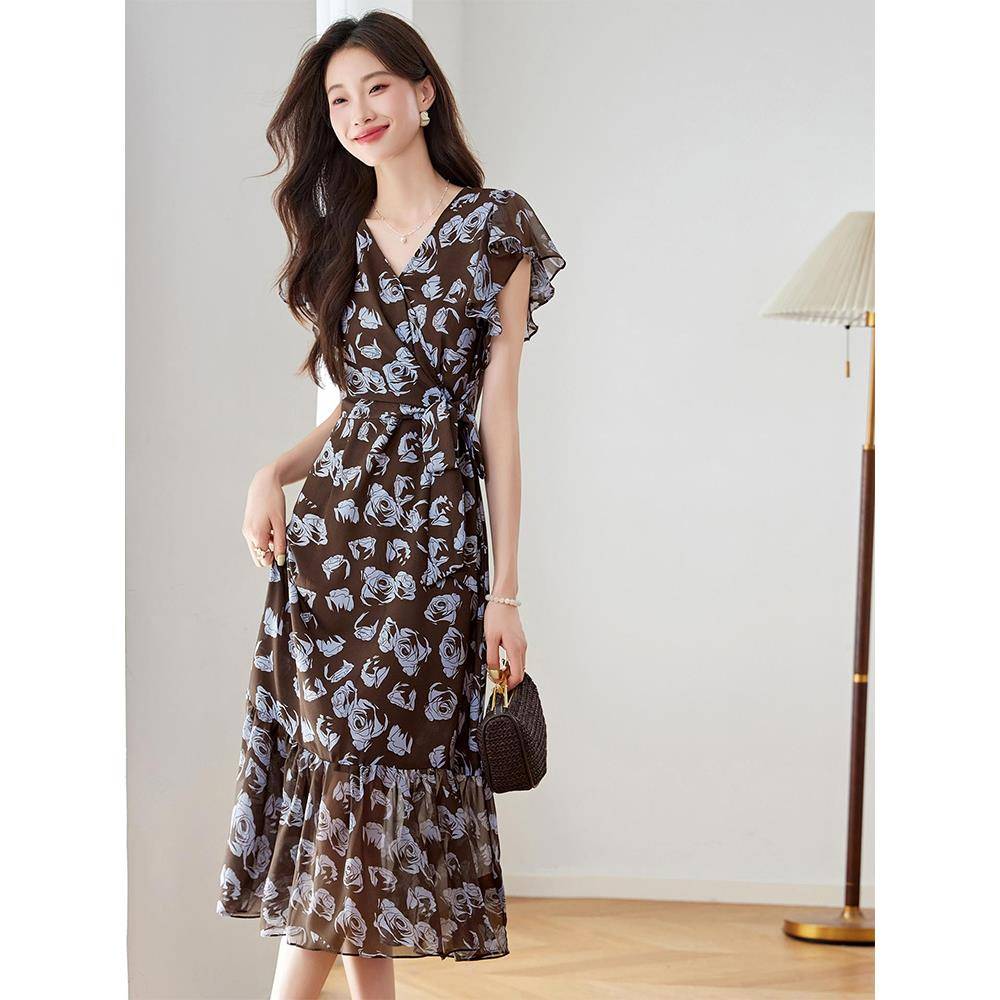 Ocnltiy法式绝美玫瑰印花连衣裙女新款荷叶边收腰显瘦气质V领裙子