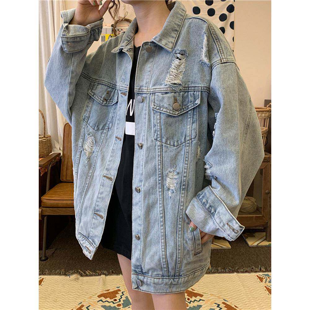 覆古破洞牛仔外套女春秋宽松显瘦大码胖mm中长款工装夹克上衣