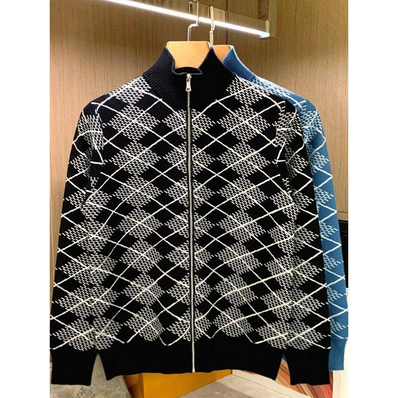 Mostarsea~覆古轻奢风修身针织衫男秋冬高端撞色半高拉炼菱格毛衣