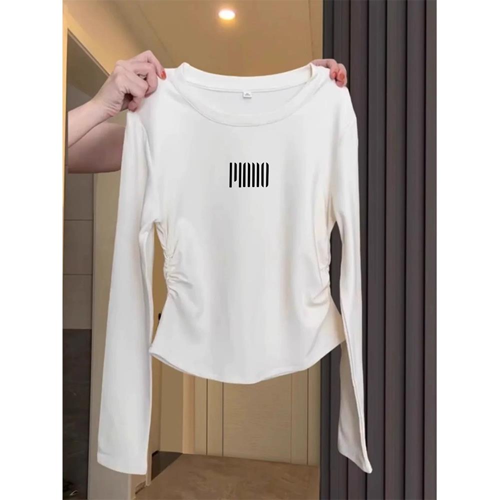 韩国Honey koko⭐正肩纯棉长袖t恤女褶皱收腰白色上衣打底衫春秋