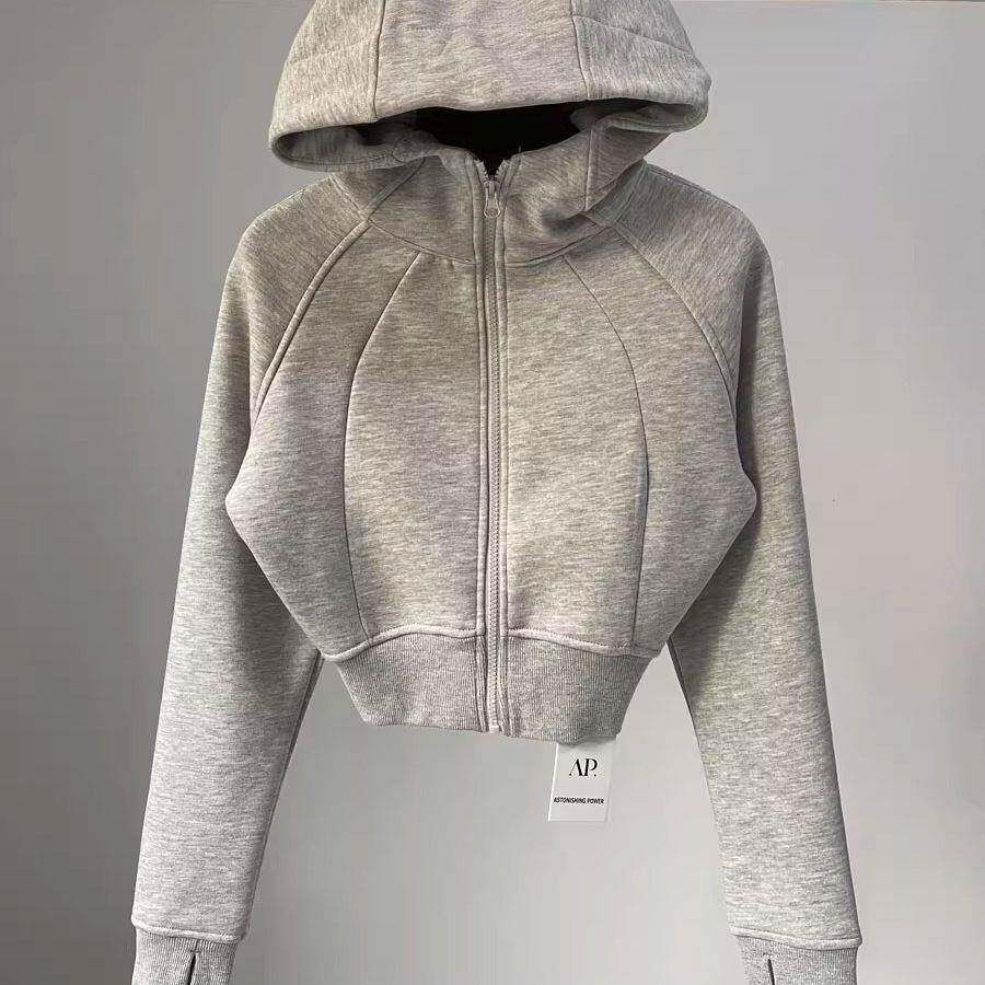 美式辣妹纯色修身连帽卫衣女秋冬季小个子加绒保暖露脐短外套开衫