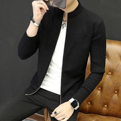 高端轻奢小清新外套男春秋季韩版修身帅气条纹立领夹克针织外衣服