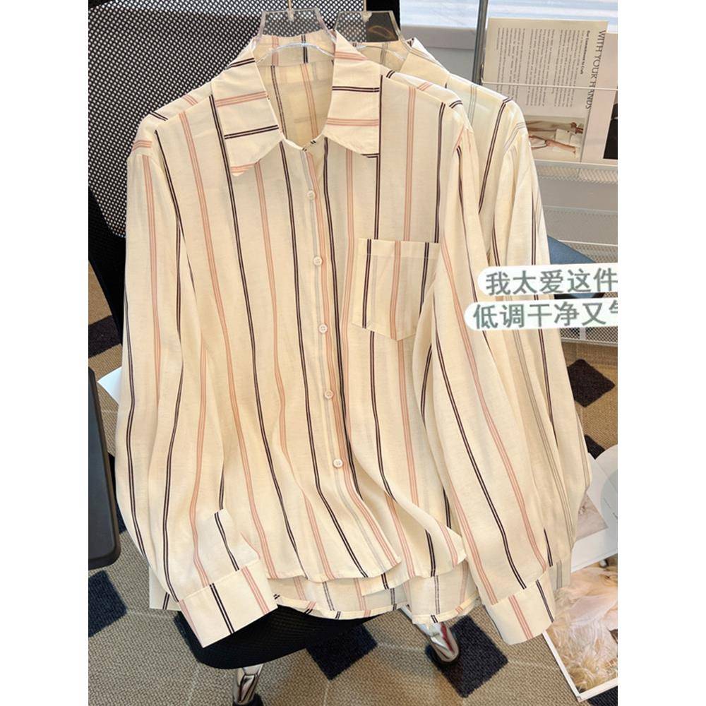 韩系条纹长袖衬衫女2023年秋季新款时尚宽松慵懒风薄款女士上衣