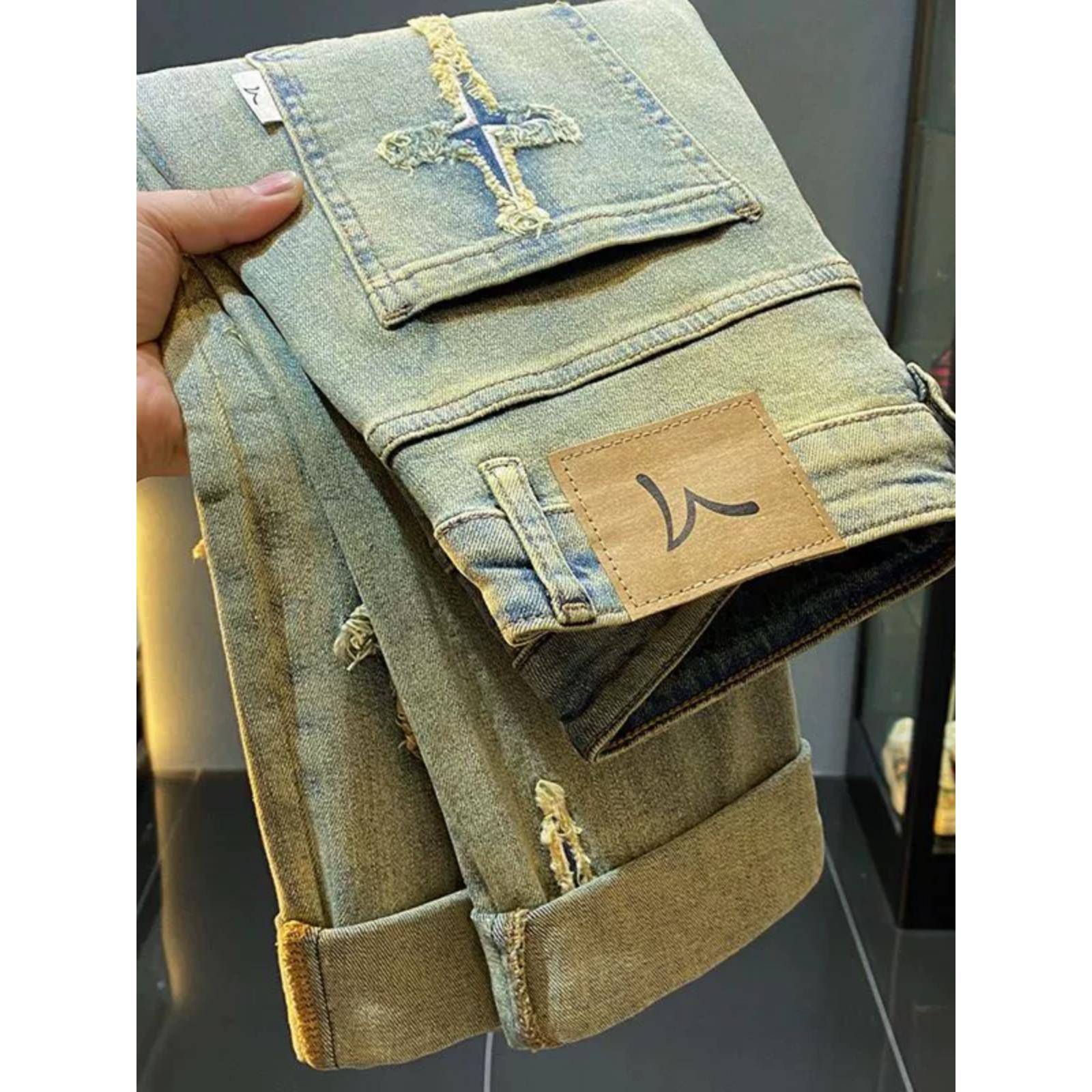 美式做旧覆古牛仔裤男秋冬修身黄泥染长裤高端潮牌百搭小直筒裤子