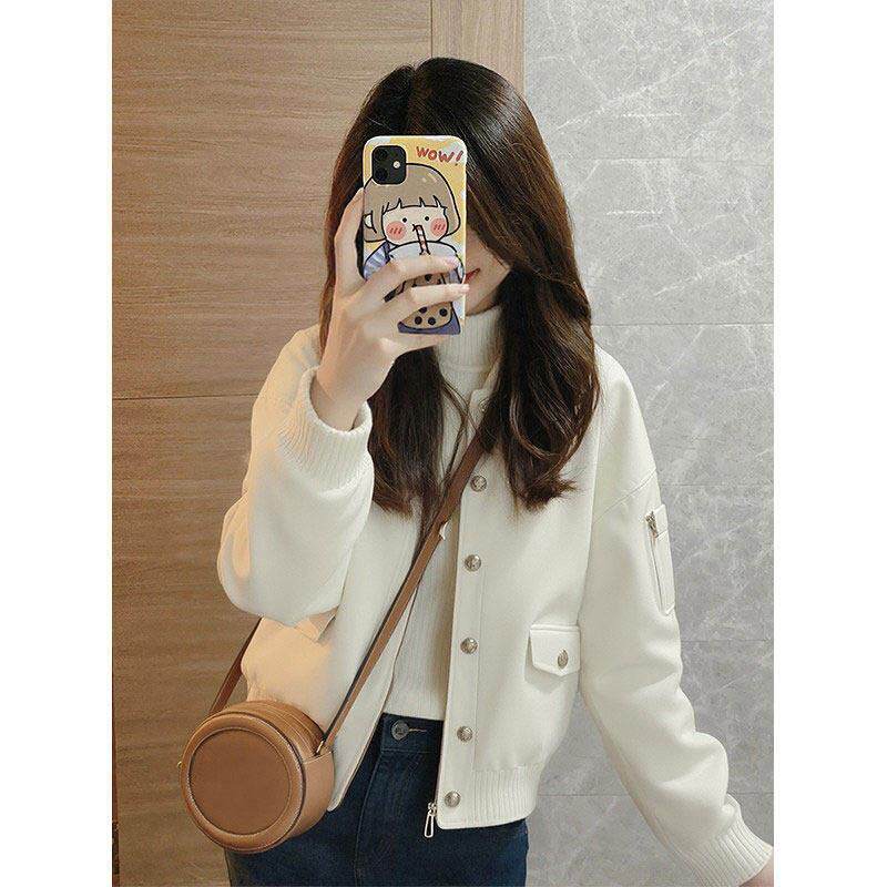 韩国绝美巨好看的白色小个子短款立领棒球服休闲时尚夹克外套女春