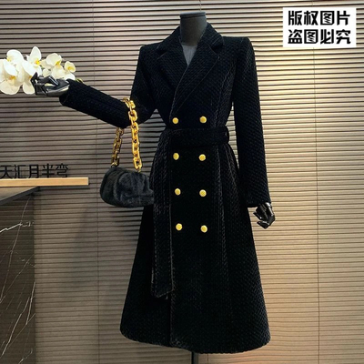 新款时尚小香风黑色金丝绒加棉大衣女正肩中长款风衣外套-绒8