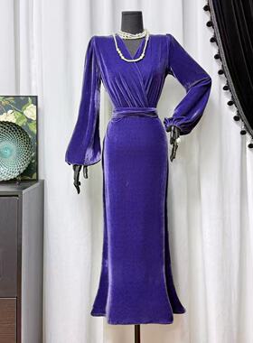 新款C领紫色修身显瘦丝绒气质连衣裙