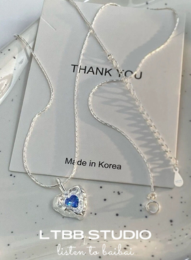 LTBB s925纯银熔岩蓝色爱心项链女ins小众设计不规则心形锁骨链