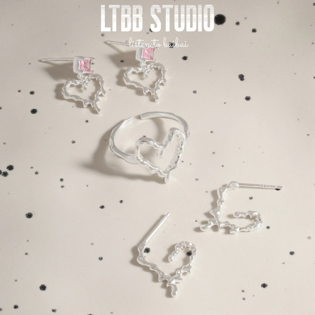 LTBB 原创设计不规则褶皱纹理心形爱心S925纯银耳钉耳环女LB88