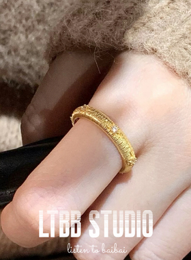 LTBB 复古八芒星S925纯银戒指女轻奢拉丝条纹名媛风开口指环潮流