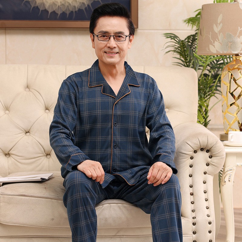 男士棉质中老年秋冬季长袖长裤睡衣爸爸开衫翻领简约家居服套装男