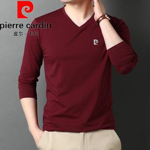 皮尔卡丹纯棉T恤男长袖春秋V领打底衫红色中青年鸡心领休闲卫衣潮