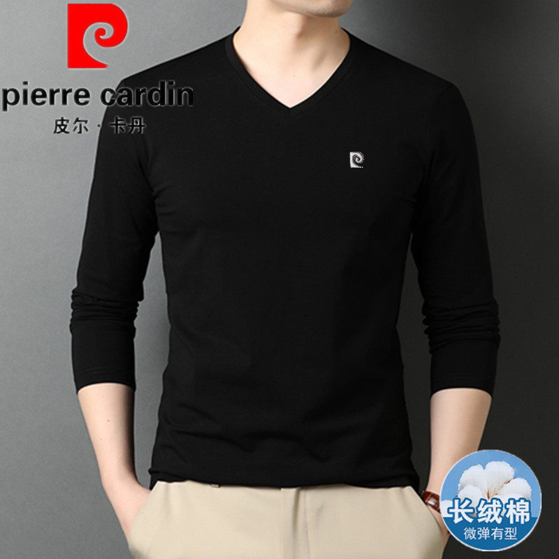 皮尔卡丹长袖T恤男V领黑色休闲纯棉打底衫春秋款吸汗透气中年上衣