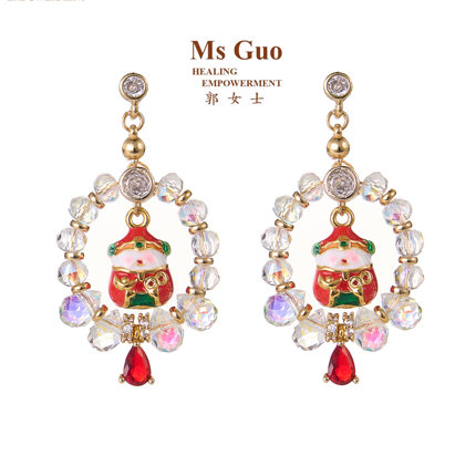 Ms Guo手工财神耳环红色系迎财神/节日配饰S925银针水晶景泰蓝
