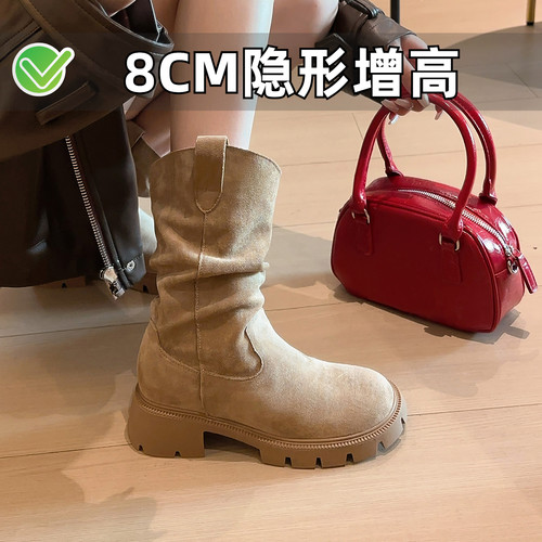 小个子内增高马丁靴2026新款秋冬季加绒绒面厚底短靴小码女鞋3334