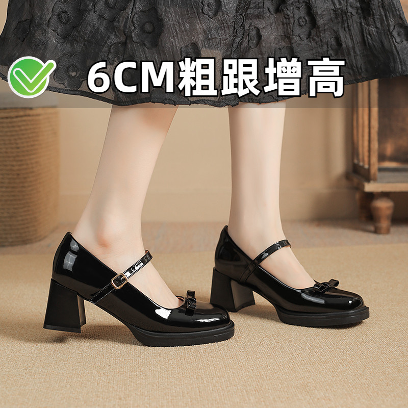 小个子黑色漆皮玛丽珍小皮鞋粗跟一字扣带蝴蝶结单鞋小码女鞋3233