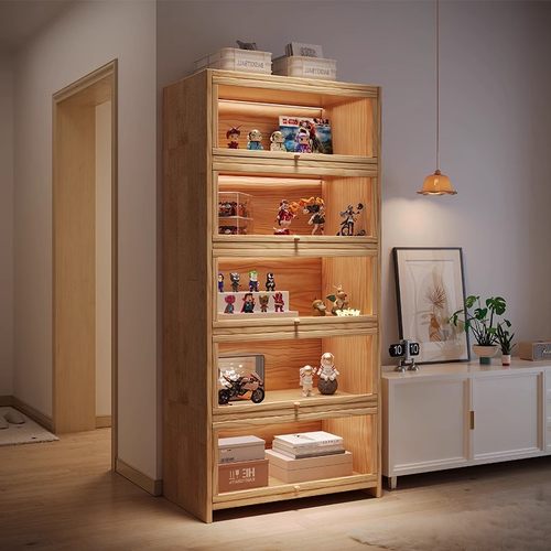 全实木手办展示柜亚克力展示盒胡桃木色防尘收纳柜多层置物架淘