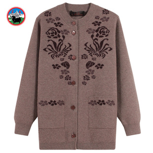 雪舟女式羊毛开衫圆领针织衫秋冬季厚款提花宽松保暖毛衣