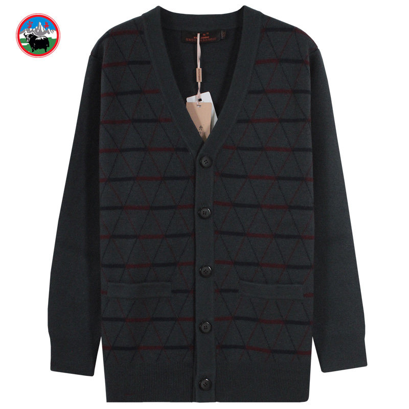 雪舟男式牦牛绒开衫V领针织衫休闲春秋季厚款打底毛衣