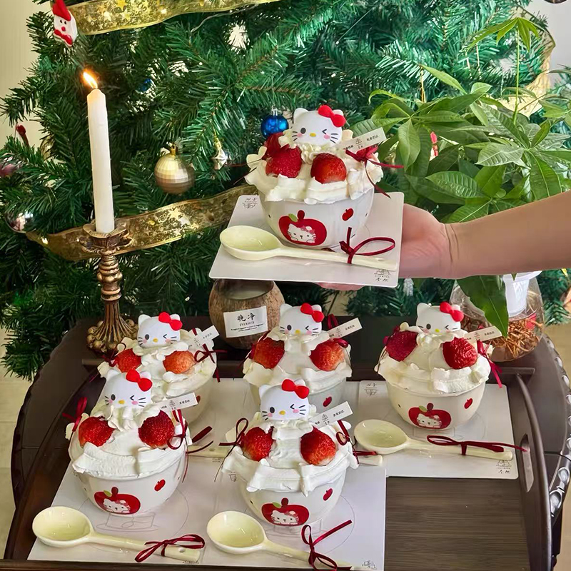 网红新年圣诞节快乐苹果小狗草莓碗蛋糕装饰蝴蝶结KT猫甜品陶瓷碗