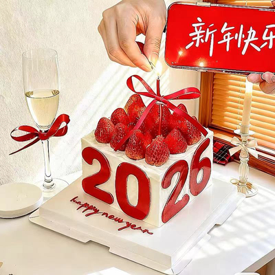 网红元旦跨年新年快乐草莓蛋糕装饰红色数字2026亚克力装扮插件