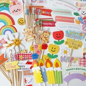 网红复古韩国烘焙装 饰ins风小熊笑脸小花HBD甜品生日蛋糕插牌插件